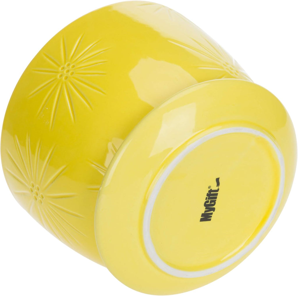 MyGift 7 Inch Yellow Ceramic Planter Pot with Sunburst Design & Saucer | Bright tabletop planter features a textured