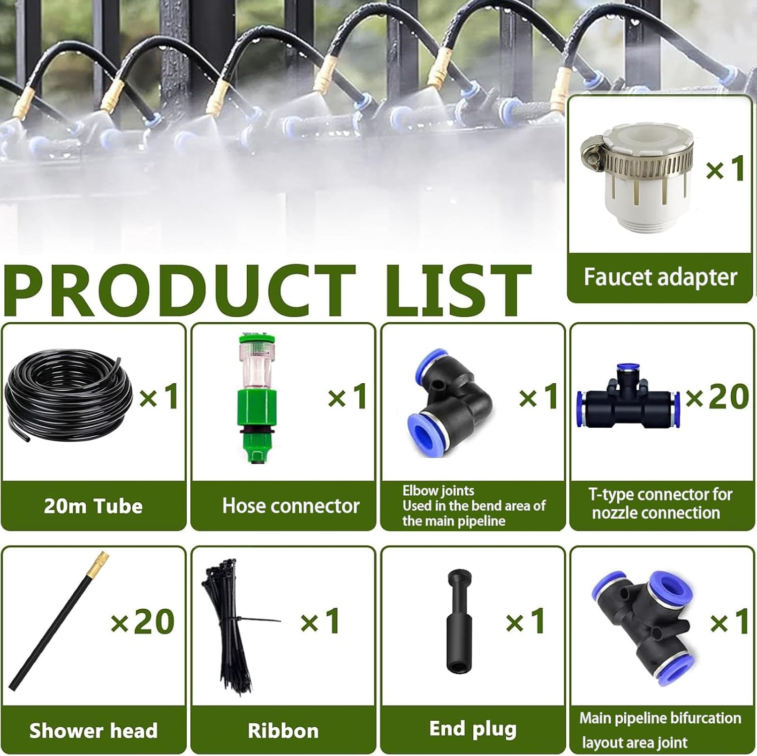 Automatic Greenhouse Drip Irrigation Kit – 20 Brass 360° Adjustable Nozzles, 65FT 1/2" Tubing & Misting System – Easy