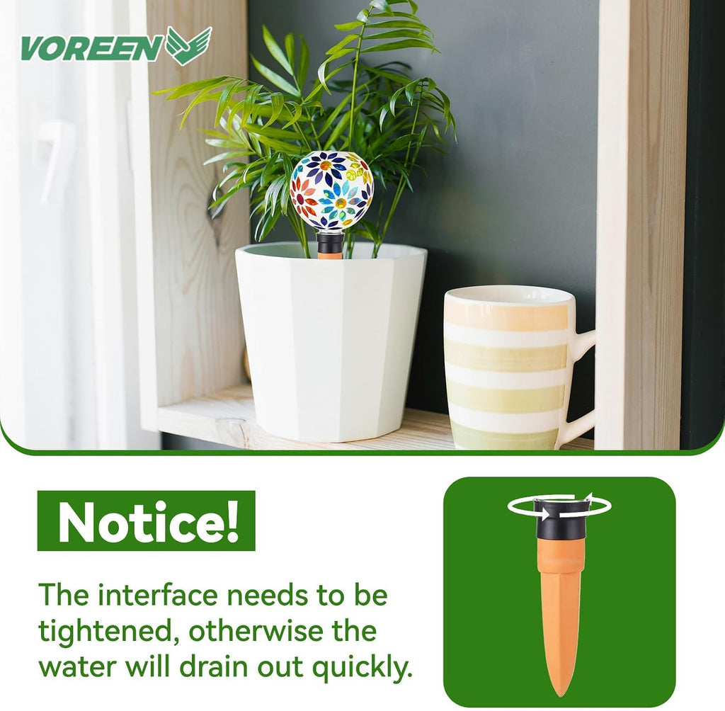 VOREEN Mosaic Glass Plant Watering Globes 2 Pack 500ml with Terracotta Spikes, Handmade Self-Watering Stakes for