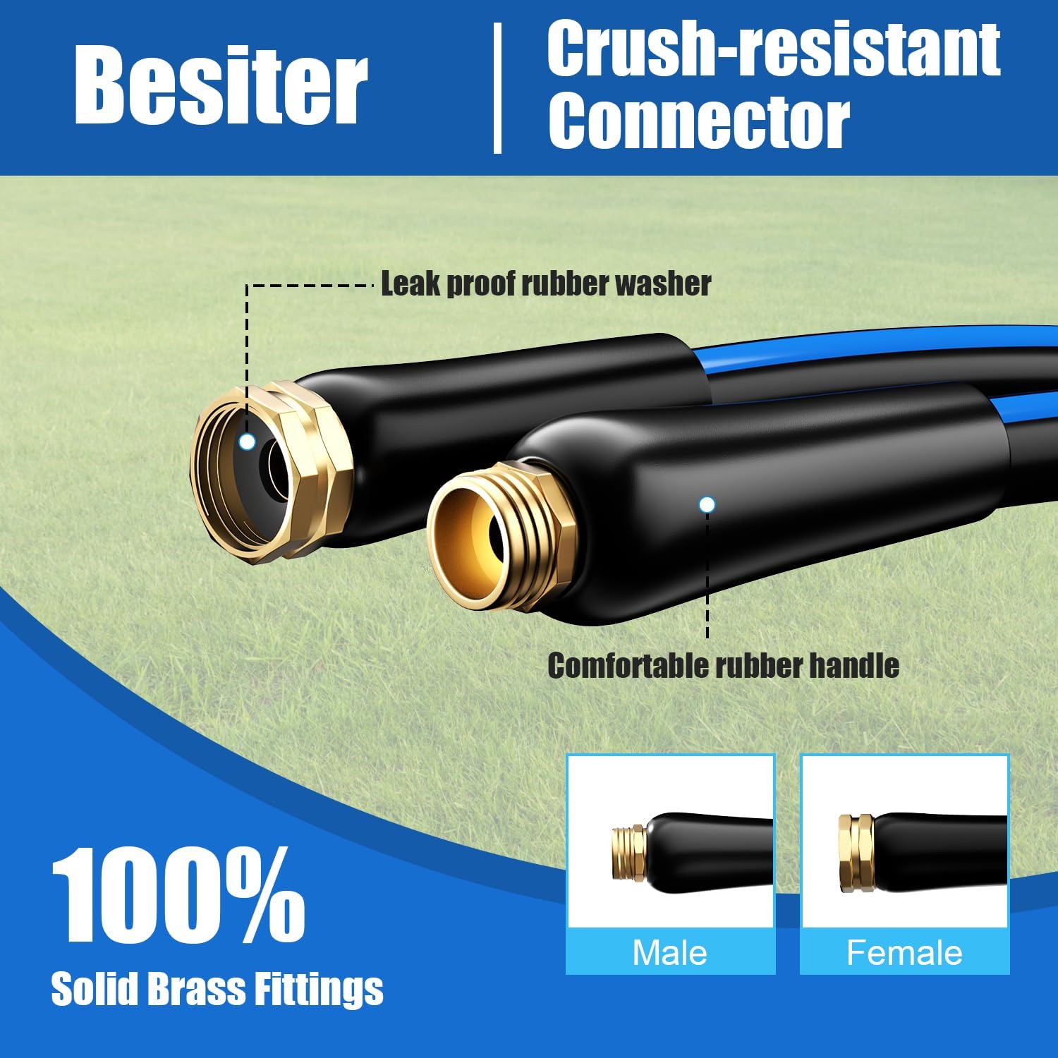 Besiter Heavy Duty Garden Hose 5/8" 50FT: Flexible Rubber Water Hose with 10 Function Sprayer - Leakproof Hose Male to
