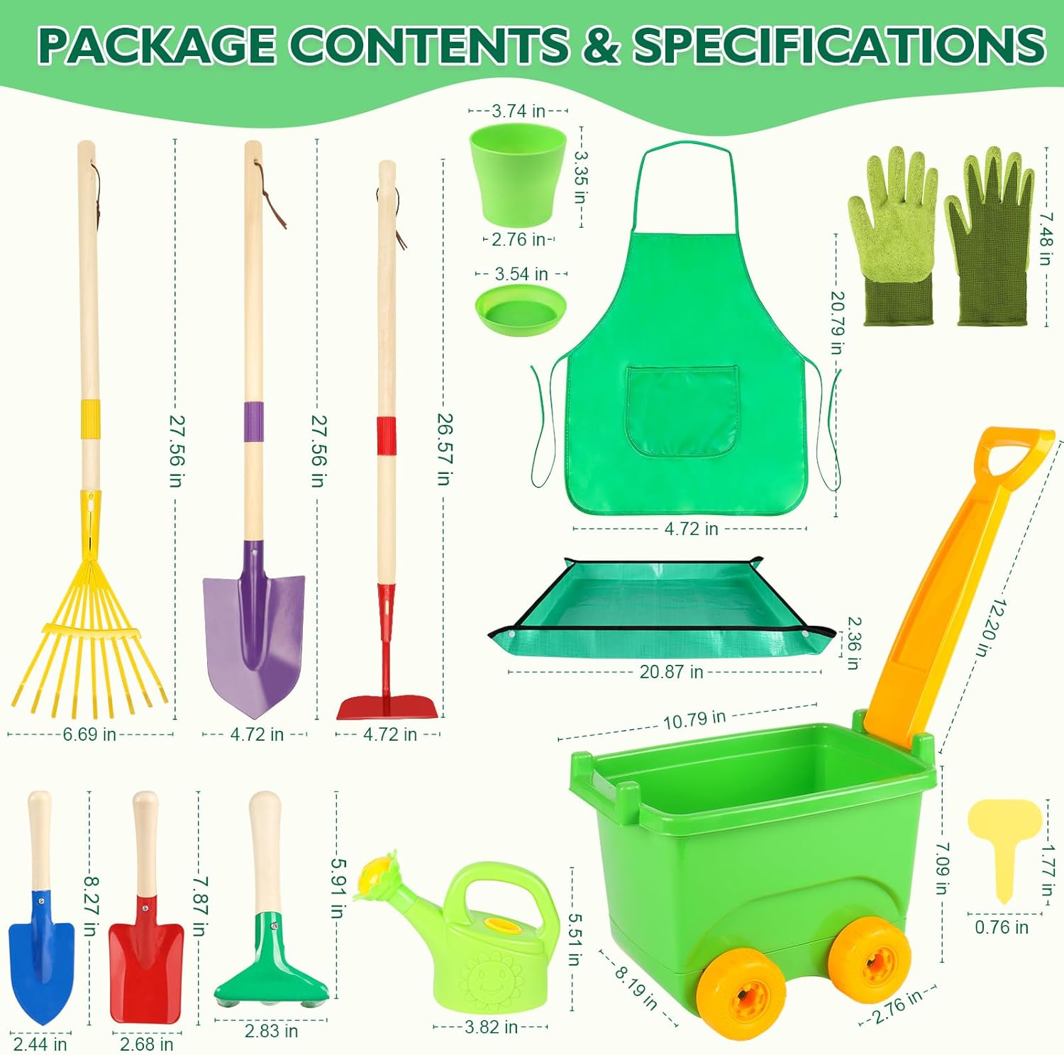FHOZGECY Kids Gardening Set with Wheelbarrow and Metal Tools for Ages 3-8 | Dual-Size Metal Garden Tools, Apron