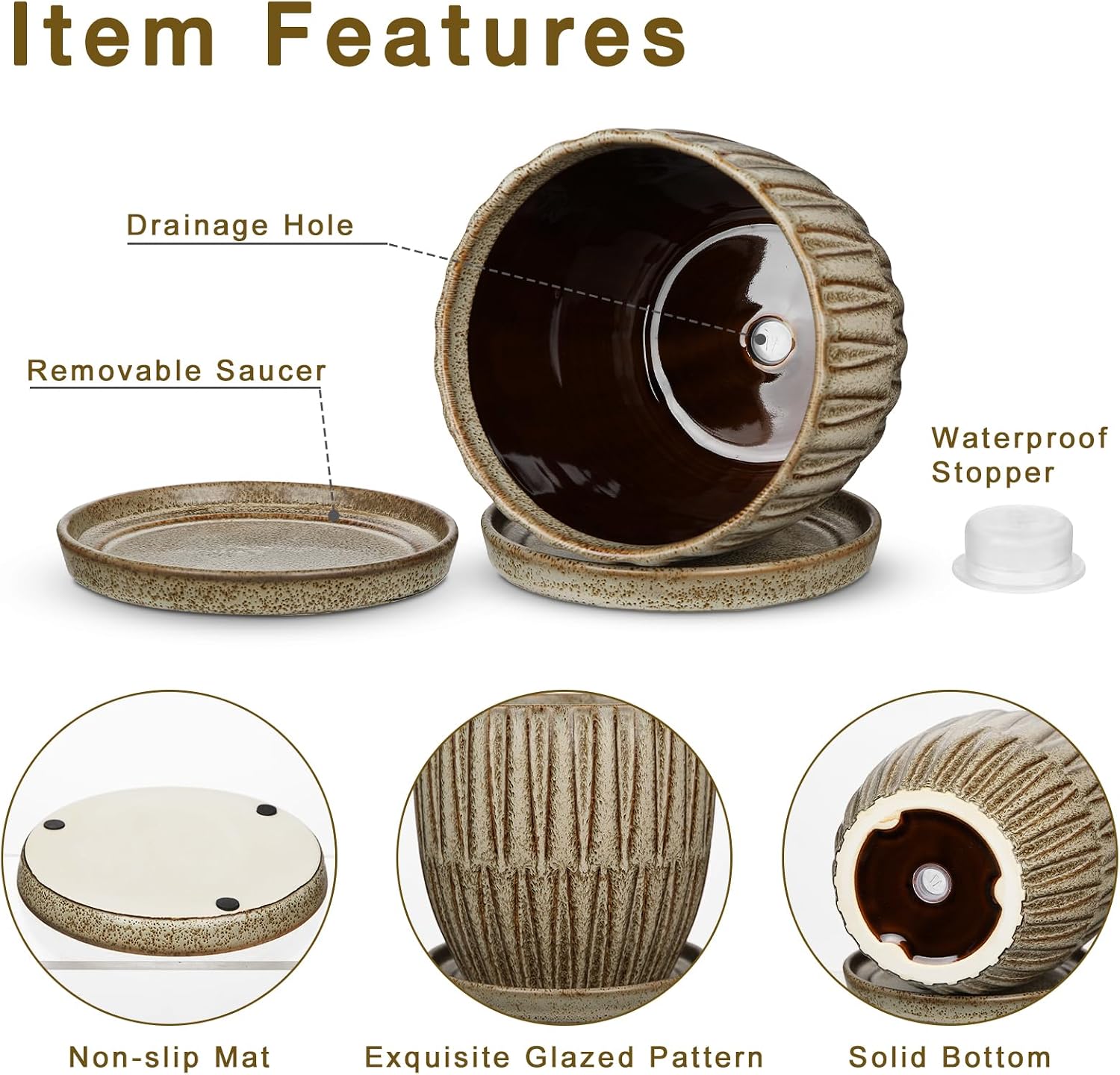 Oairse Ceramic Pots for Indoor Plants, 4.7 +5.7 inch Pots for Plants Set of 2 Brown Plant Pots with Drainage Holes and