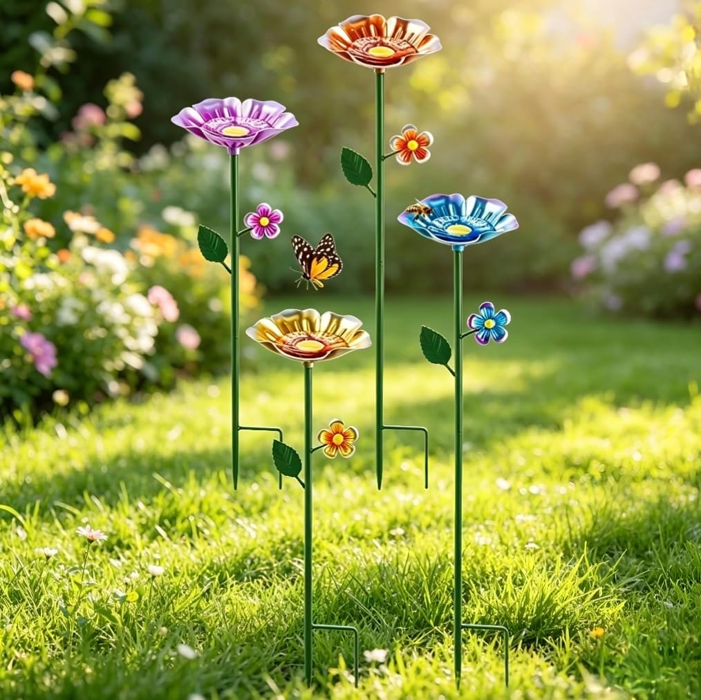 Metal 4 Pack Bee Waterer & Butterfly Bath for Outdoor Garden Flower Design | Hand-Painted Uv-Resistant Metal, Butterfly