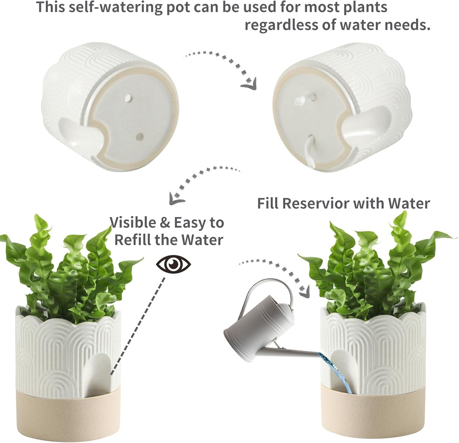 Nihow Ceramic Self Watering Pots for Indoor Plants, 6 Inch,Beige | Visible Water Level Fill Port,Planter with Cotton