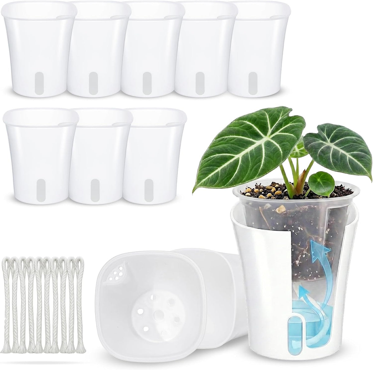 4 Pack 4 inch Self Watering Pots Planters for Indoor Plants, African Violets Pots with Wick Rope, Modern Plastic Nursery Pots for All House Plants,Flowers Succulents,Herbs,Cactus,Orchids