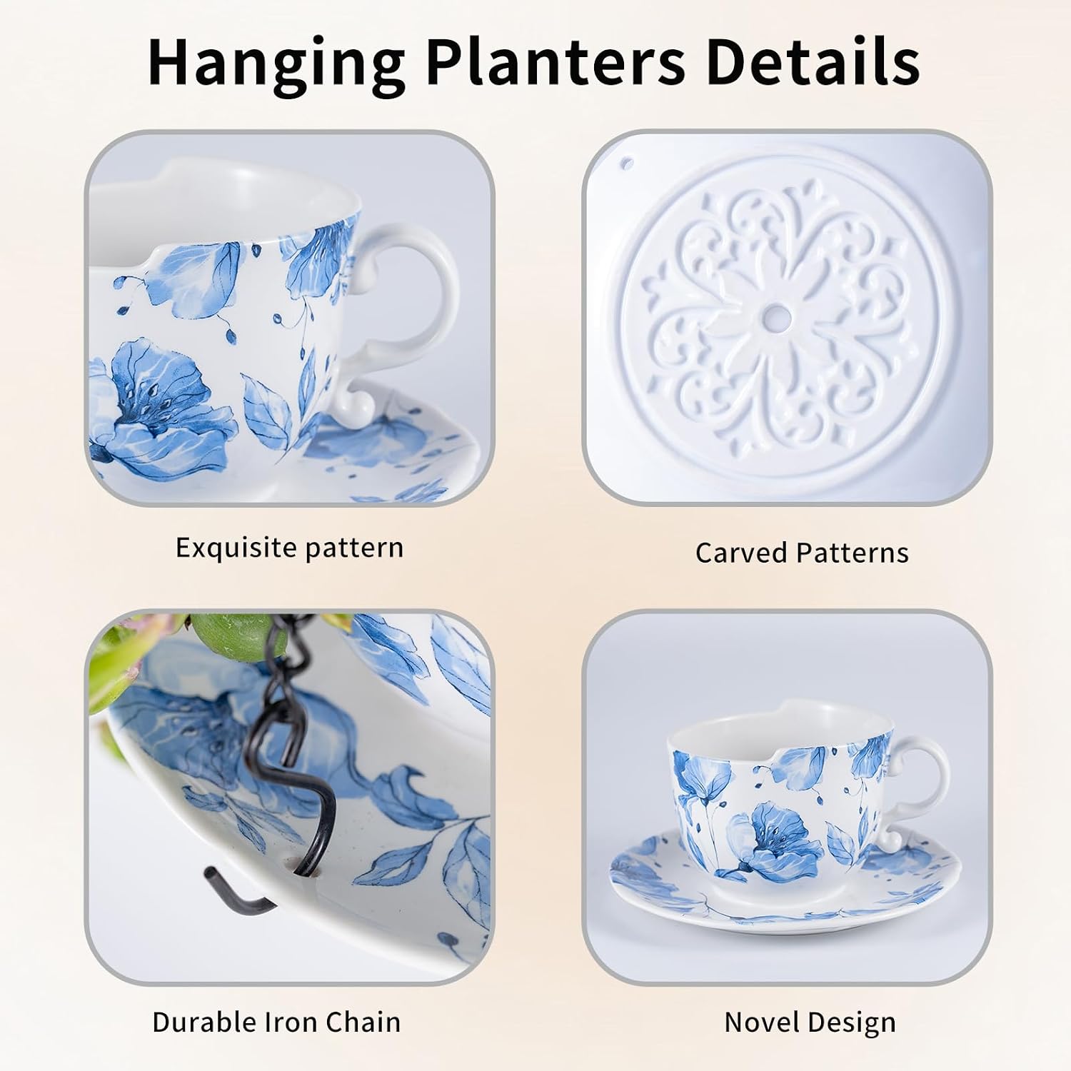 TEATALK Hanging Planters for Indoor Plants, Ceramic Pots with Drainage Hole, 6.3 Inch Hanging Planter with Chain