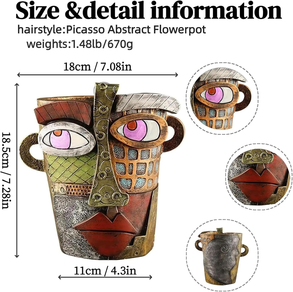 Picasso Abstract Face Flower Pot,Unique Resin Crafted Planter with Drainage Holes,Interesting Colorful Planter with