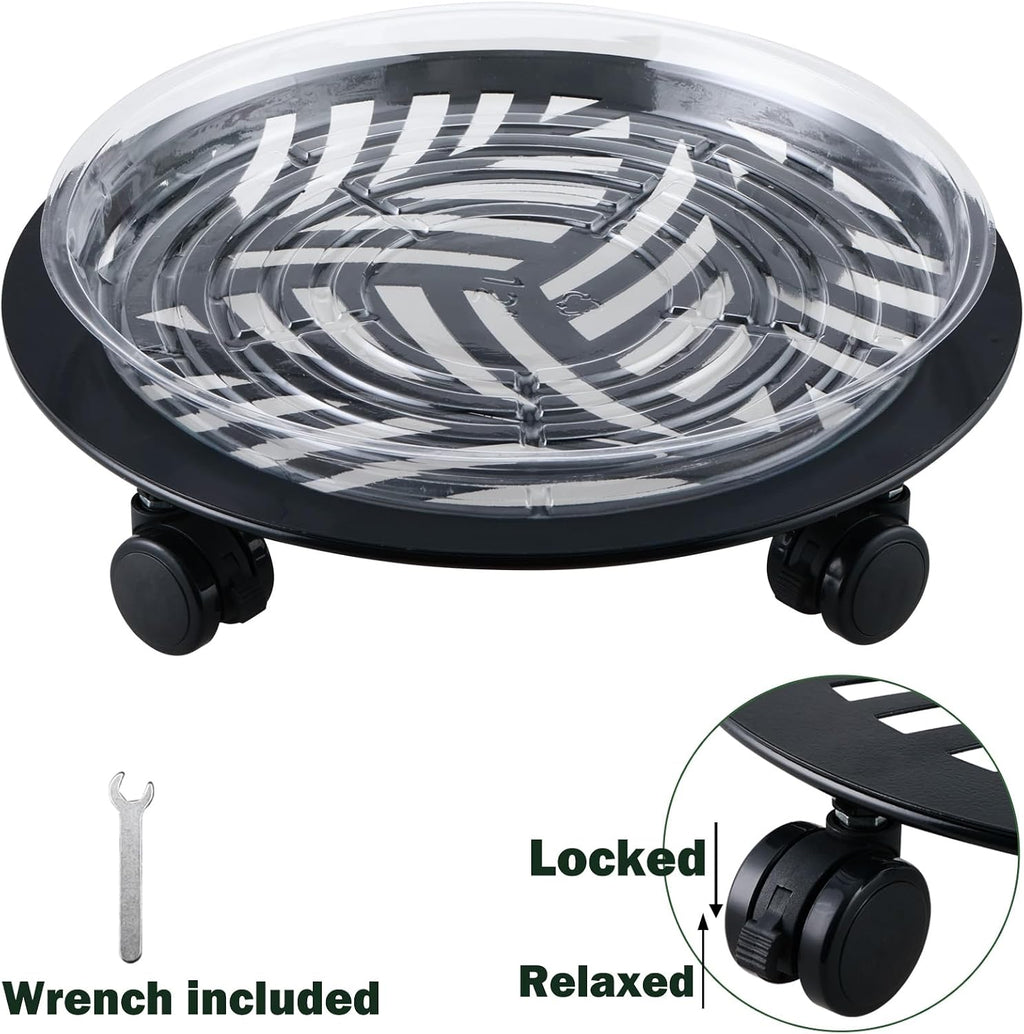 2 Packs Large Metal Plant Caddy with PU Wheels 12" Heavy-Duty Wrought Iron Rolling Plant Stands Indoor Outdoor Wheeled