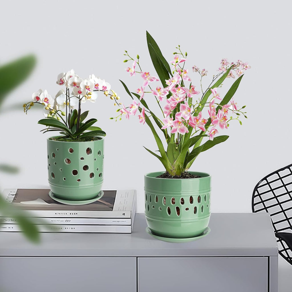 Orchid Pots with Holes, 5+6 Inch Large Orchid Pot with Drainage and Saucers, Ceramic Orchid Planter for Indoor/Outdoor