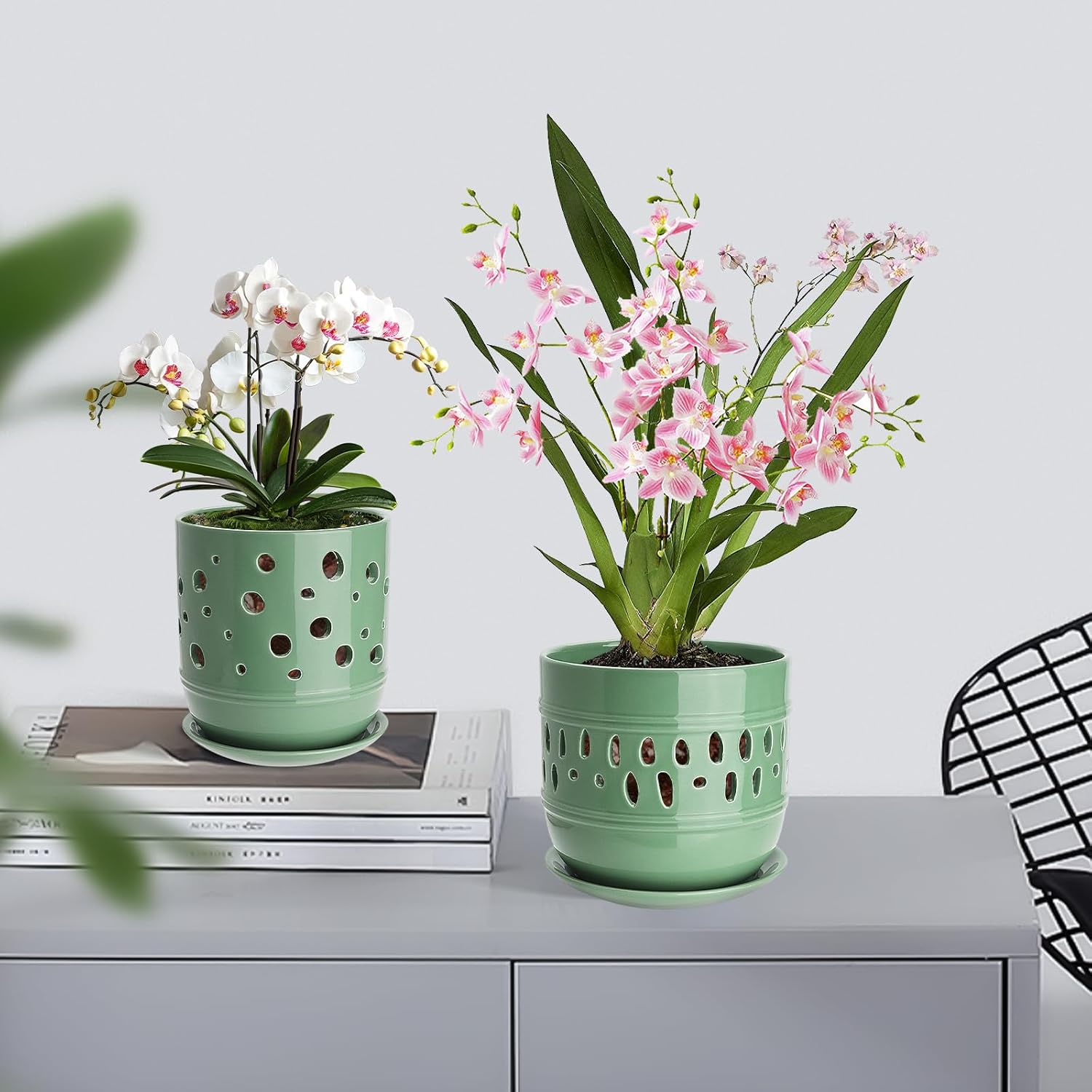 Orchid Pots with Holes, 5+6 Inch Large Orchid Pot with Drainage and Saucers, Ceramic Orchid Planter for Indoor/Outdoor