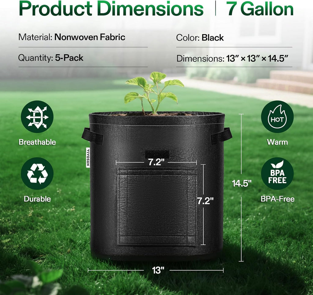 VIVOSUN 5-Pack 7 Gallon Potato Grow Bags, Roll-up Harvest Window | Easy Potato Harvesting, 300G Thick Nonwoven Fabric