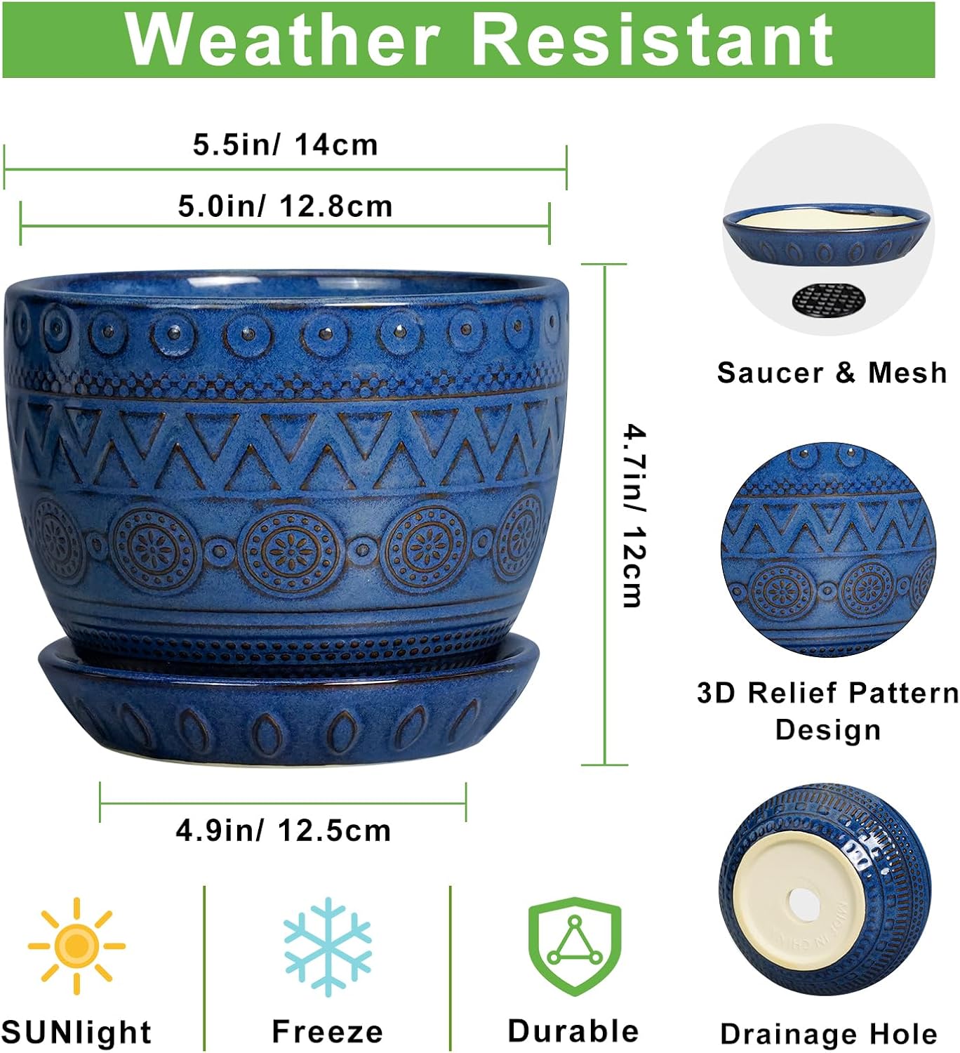 G EPGardening Pot for Plants 5 Inch - Ceramic Planter for Indoor Plants Outdoor, Succulent Pot with Drainage Hole and