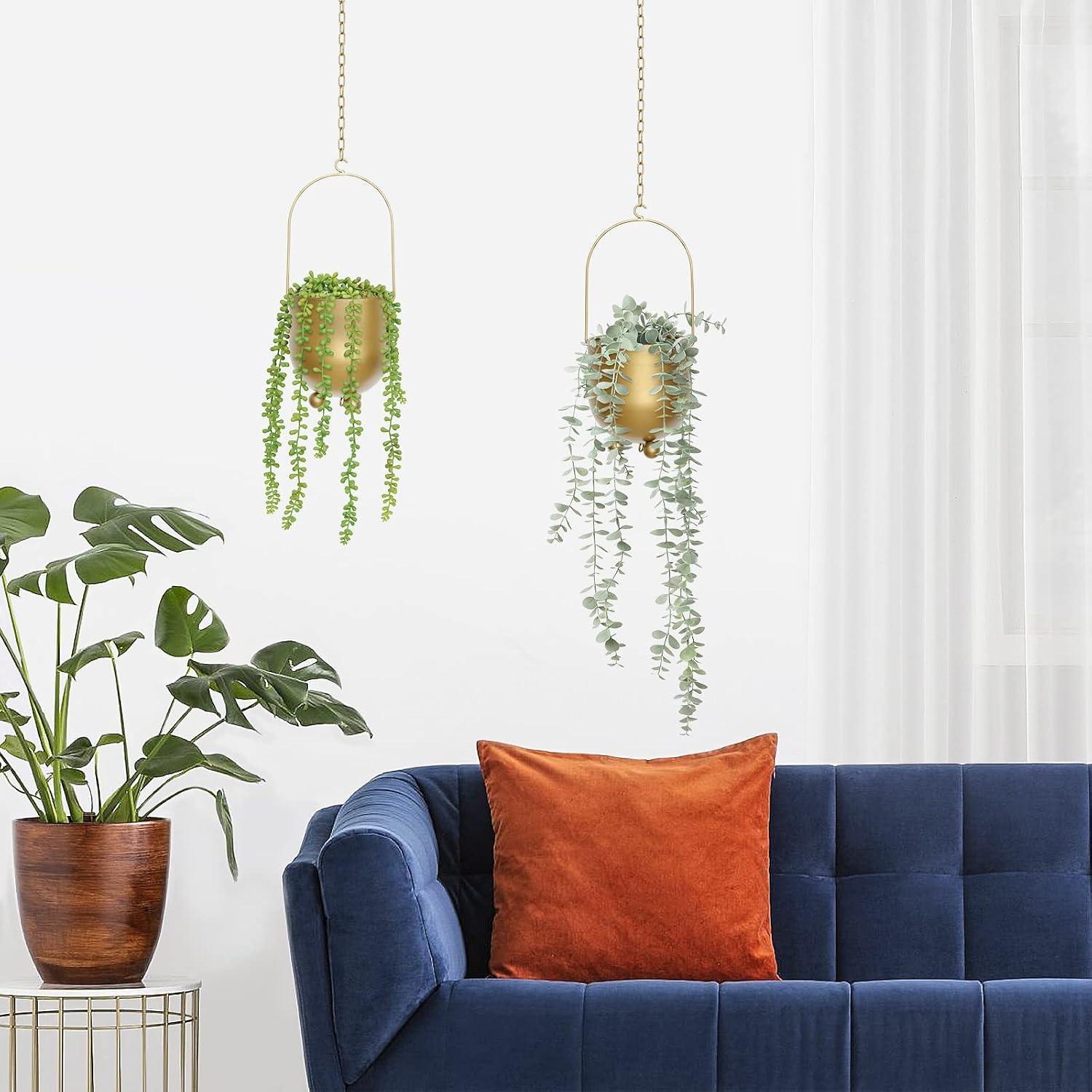 AceList Boho Gold Metal Hanging Planters, Set of 2 with Hooks & Chains - Versatile Wall & Ceiling Plant Hangers for