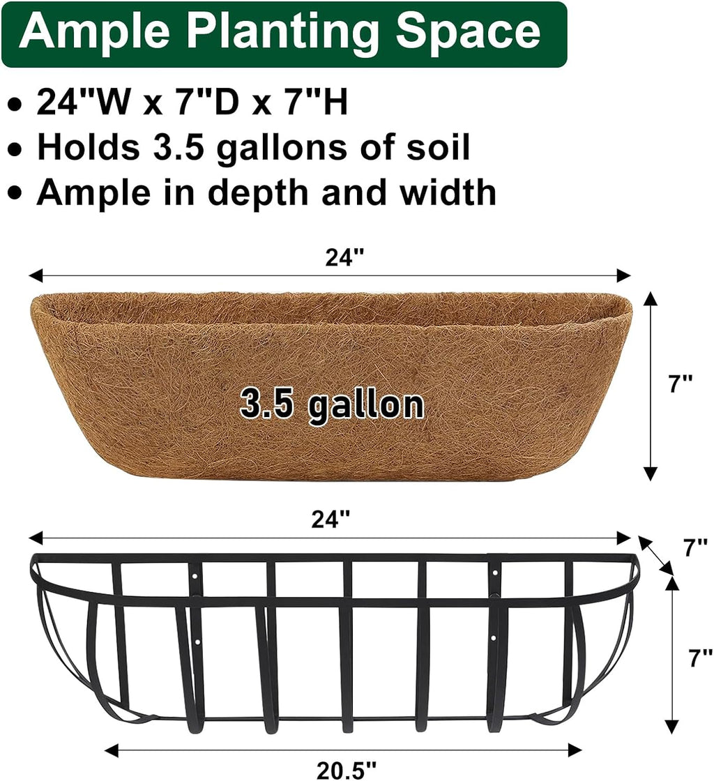 DUNCHATY 24 Inch Railing Planter 4 Pack - Adjustable Metal Window Box Planter with Coco Liner for Deck Balcony Porch