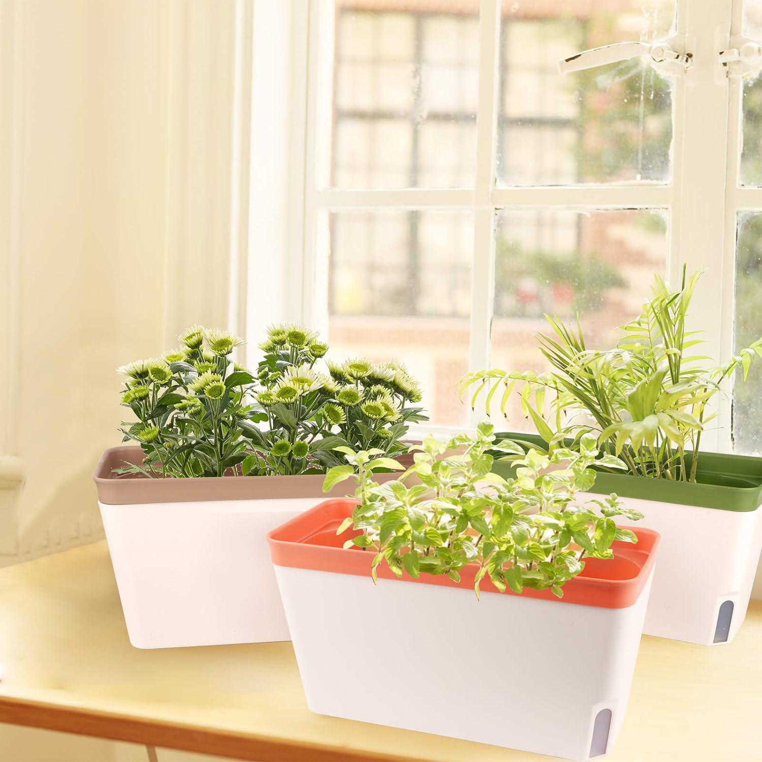 OurWarm Windowsill Herb Planter Box Indoor Set of 3, 10.5 Inch Self Watering Planter Pots with Visual Water Level