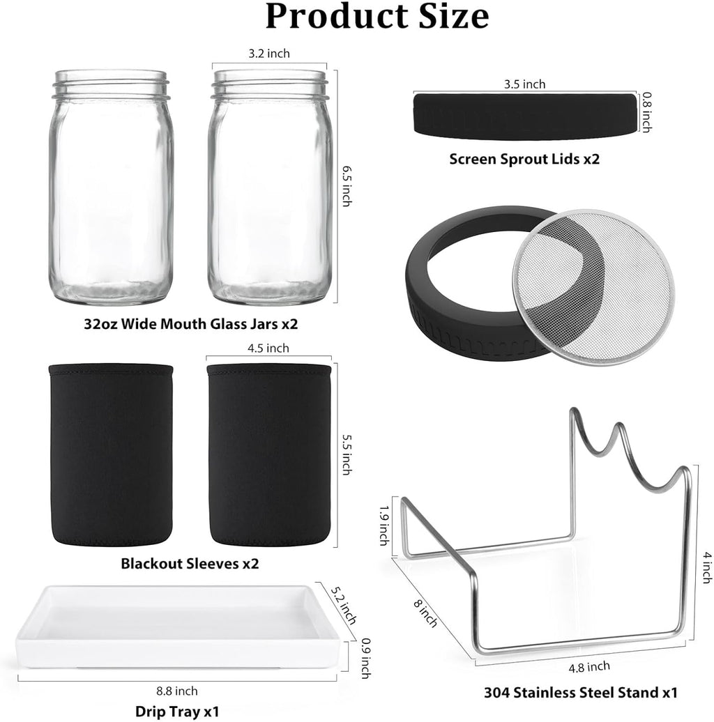 Kitmiido Organic Seed Sprouting Jar Kit – 2 × 32 oz Wide-Mouth Mason Jars with Stainless-Steel Sprouter Lids & Stand