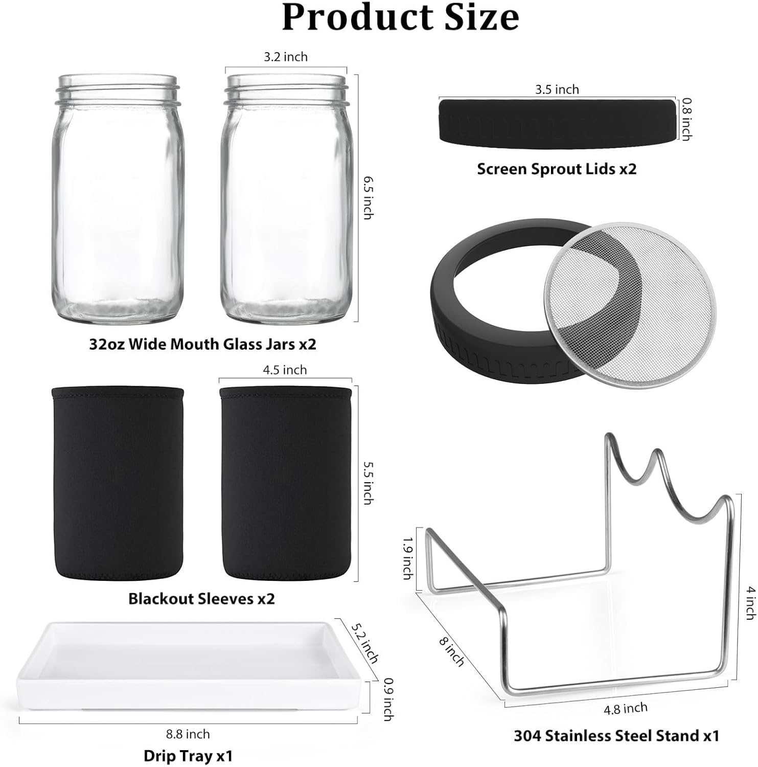 Kitmiido Organic Seed Sprouting Jar Kit – 2 × 32 oz Wide-Mouth Mason Jars with Stainless-Steel Sprouter Lids & Stand