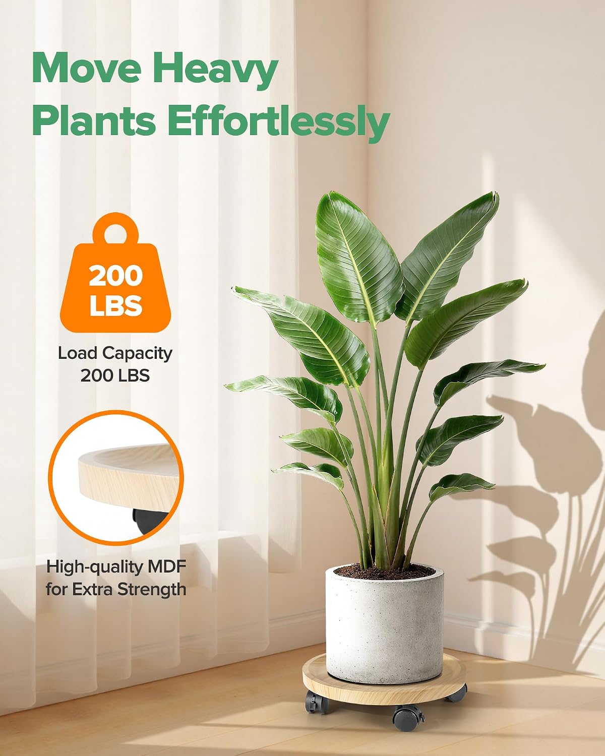 2 Pack Plant Caddy With Wheels, 12" Wood Rolling Plant Stand with 360° Lockable Wheels, Plant Stands Outdoor for Large