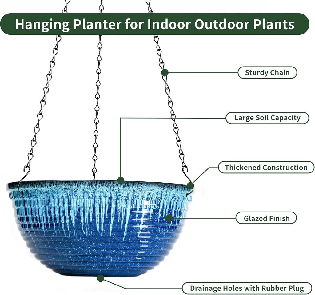 12 inch Large Hanging Planters for Indoor Outdoor Plants, Set of 2 Glazed Hanging Flower Pots with Drainage Hole