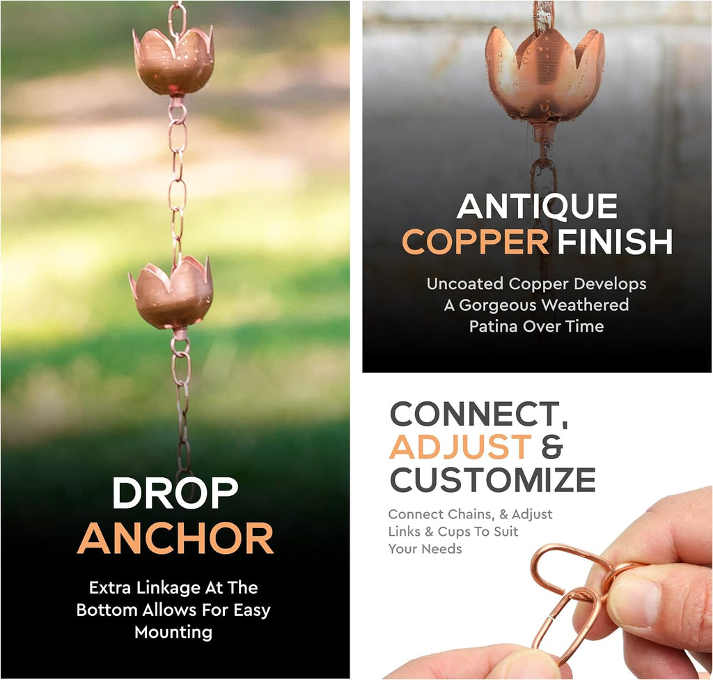 Copper Rain Chain – Decorative Chimes & Cups Replace Gutter Downspout & Divert Water Away from Home for Stunning