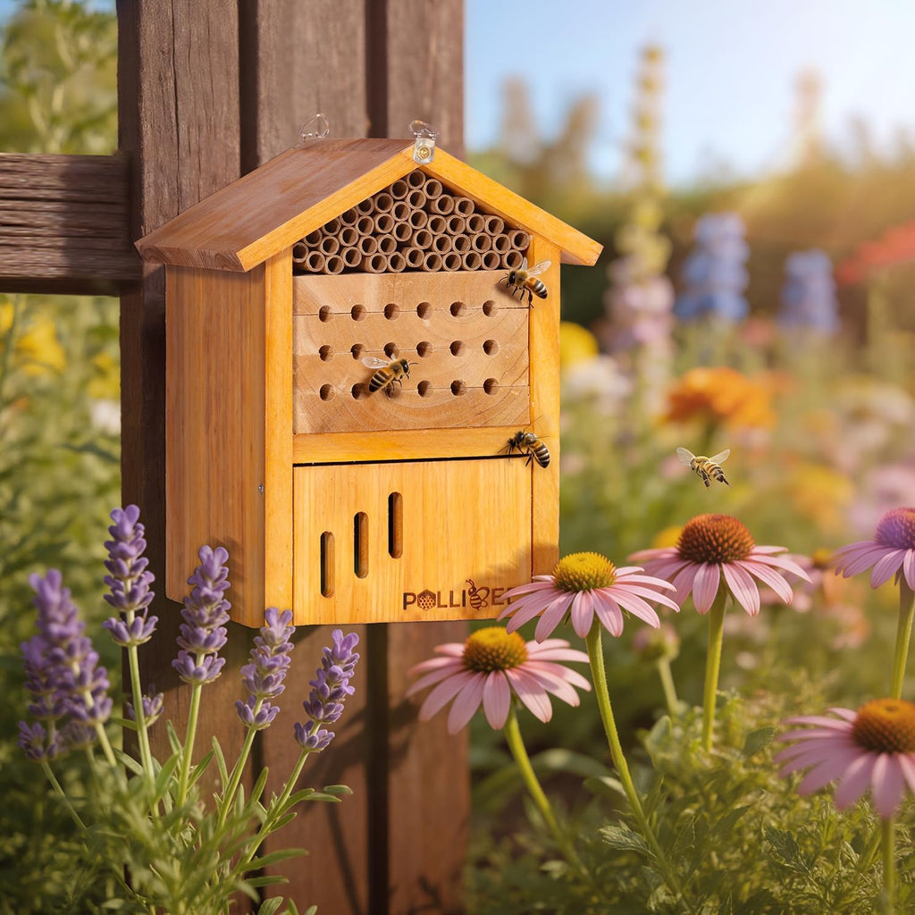 Mason Bee House -Wax Coated Mason House for The Garden,Natural Handmade Wooden Mason Home, Attracts Peaceful Bee