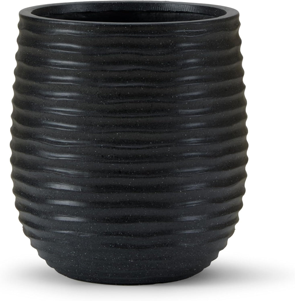 15" Dia x 16.5" H Concrete Planter with Wavy Texture, Black - 1 Pack | Large Flower Pot with Drainage Hole and Silicone