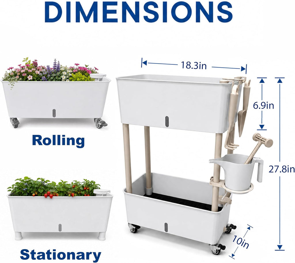 2-Tier 27.8"H Rolling Raised Garden Bed with Wheels, Self Watering Planter Box with Visible Water Level, Gray Rustproof