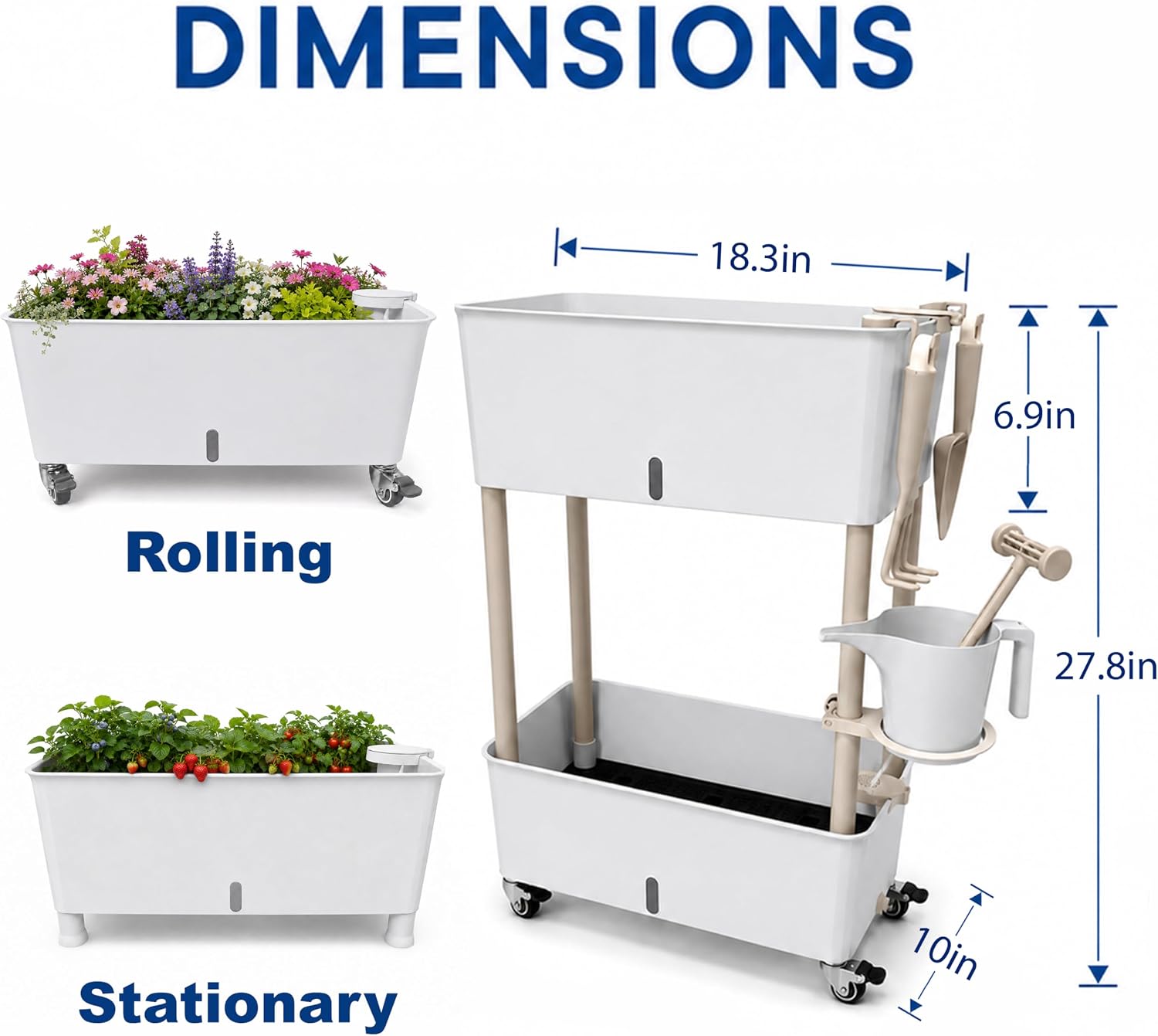 2-Tier 27.8"H Rolling Raised Garden Bed with Wheels, Self Watering Planter Box with Visible Water Level, Gray Rustproof