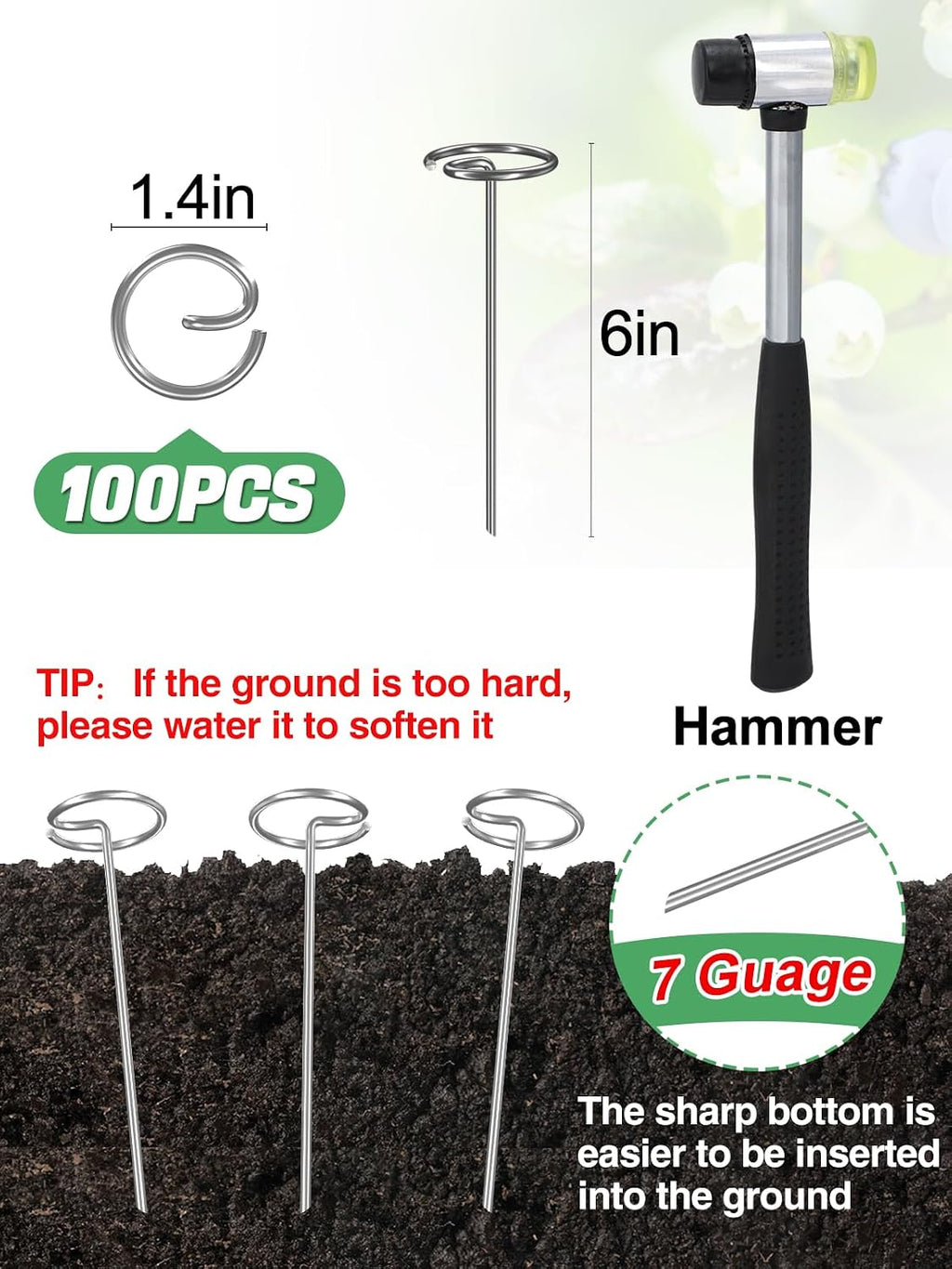 ANPHSIN 100 Pcs 7 Gauge Thickened Graden Fabric Stakes, 6in | Heav-duty Galvanized Landscape Staples, Circle Top Ground