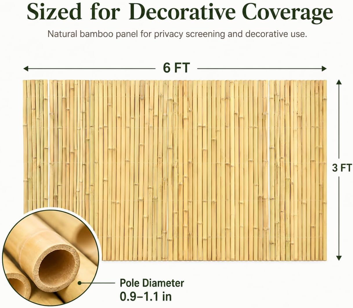 3 x 6FT 0.9-1.1in Large Diameter Bamboo Fence Panel for Garden, Patio, Pool, Balcony & Indoor Divider