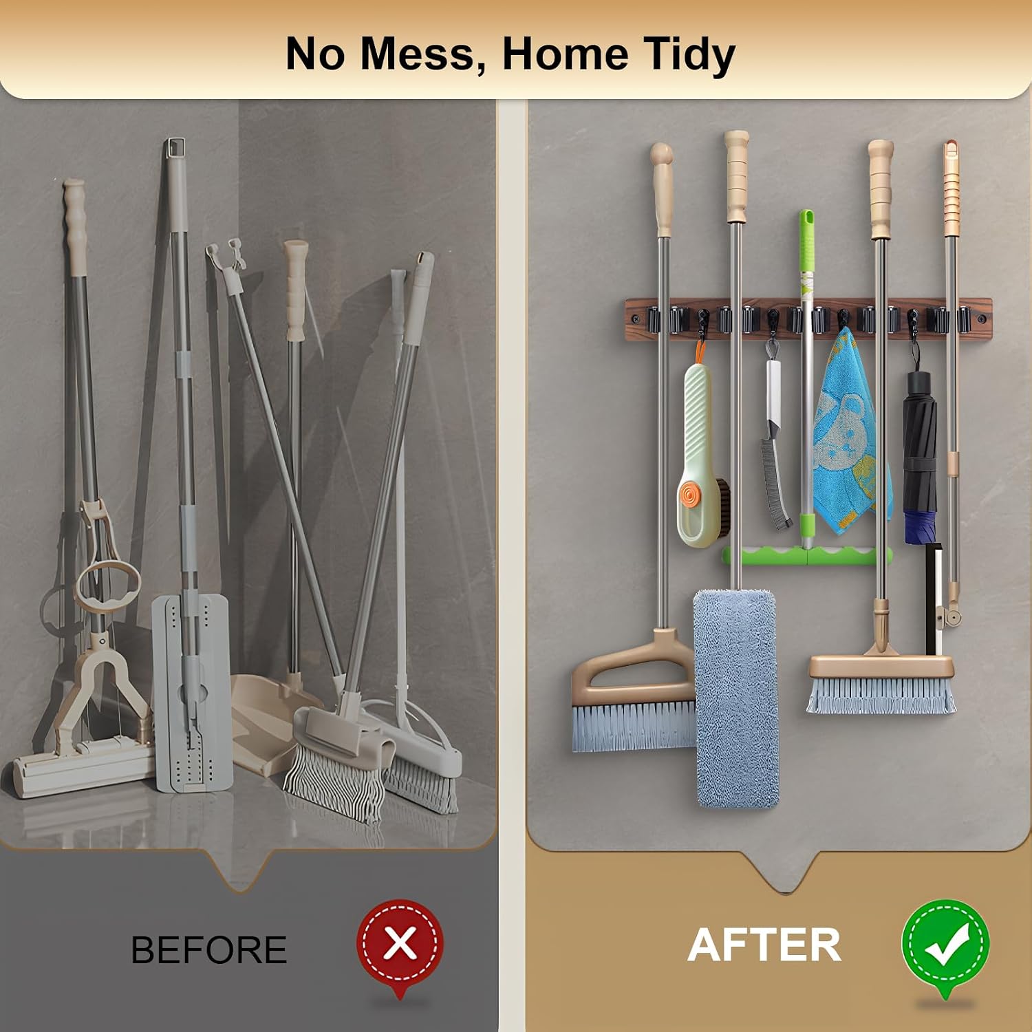 2 Pack Broom Holder Wall Mount With 5 Slots & 4 Hooks，Rustic Wood Broom & Mop Hanger，Wall Mounted Garden & Garage Tool