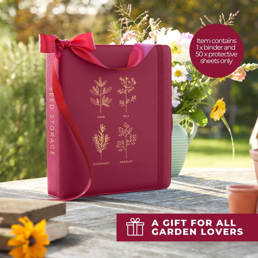 Wildgoose Seed Binder - Seed Packet Organizer, Storage Book, Raspberry | 50 sheet protectors hold 200 envelopes, garden