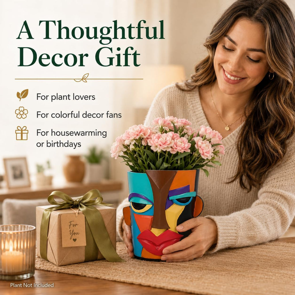 Abstract Face Planter Pot, Modern Face Planter for Indoor Plants, Colorful Cubist-Inspired Resin Plant Pot for