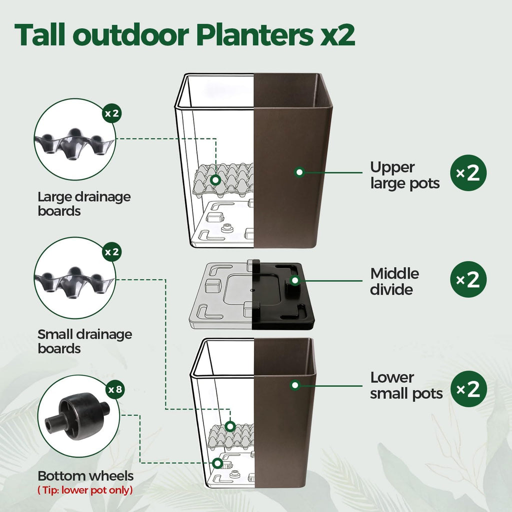 T4U Tall Planter for Outdoor Plants 2 Pack, Large Plastic Pots Brown | Patio porch deck use, Stackable design with