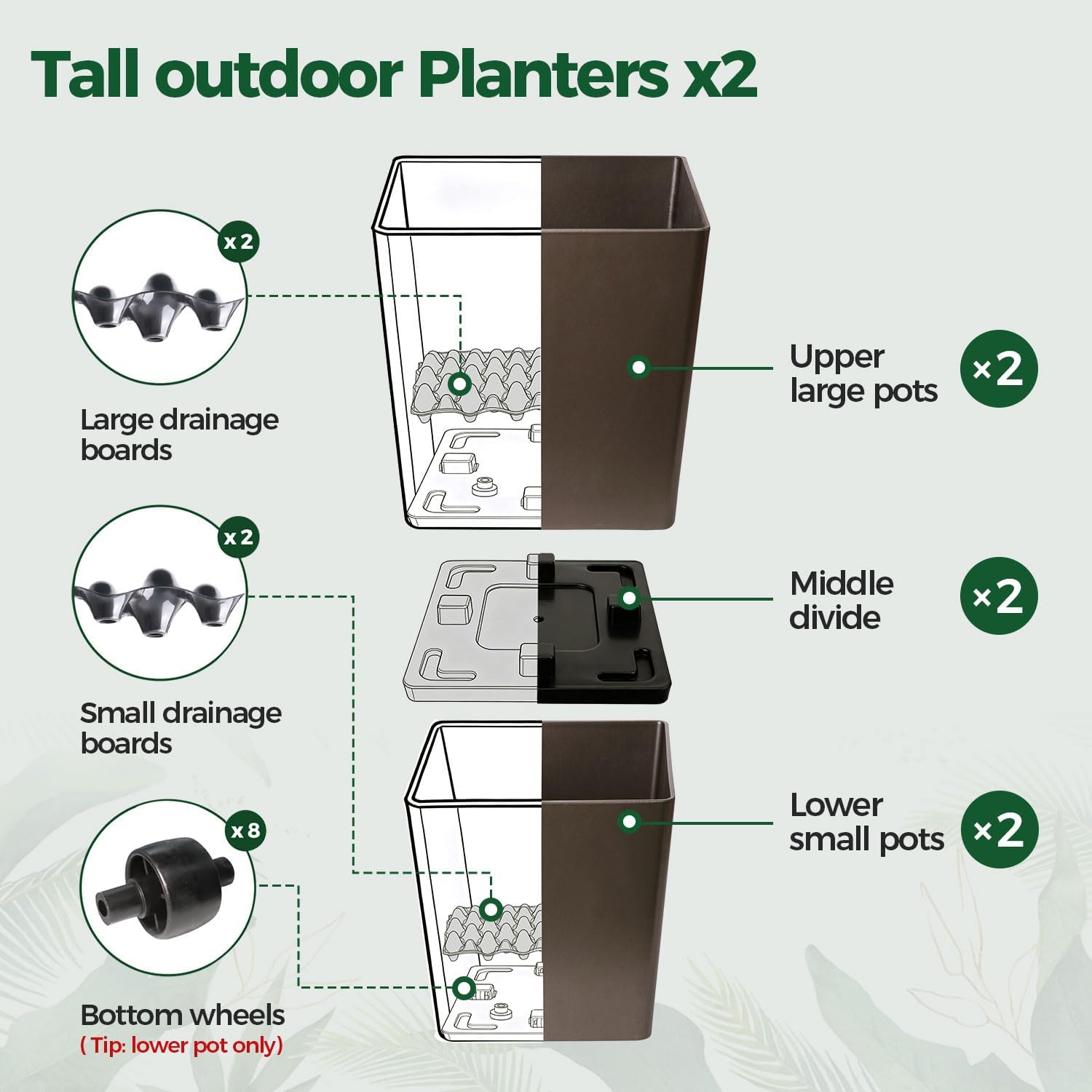 T4U Tall Planter for Outdoor Plants 2 Pack, Large Plastic Pots Brown | Patio porch deck use, Stackable design with