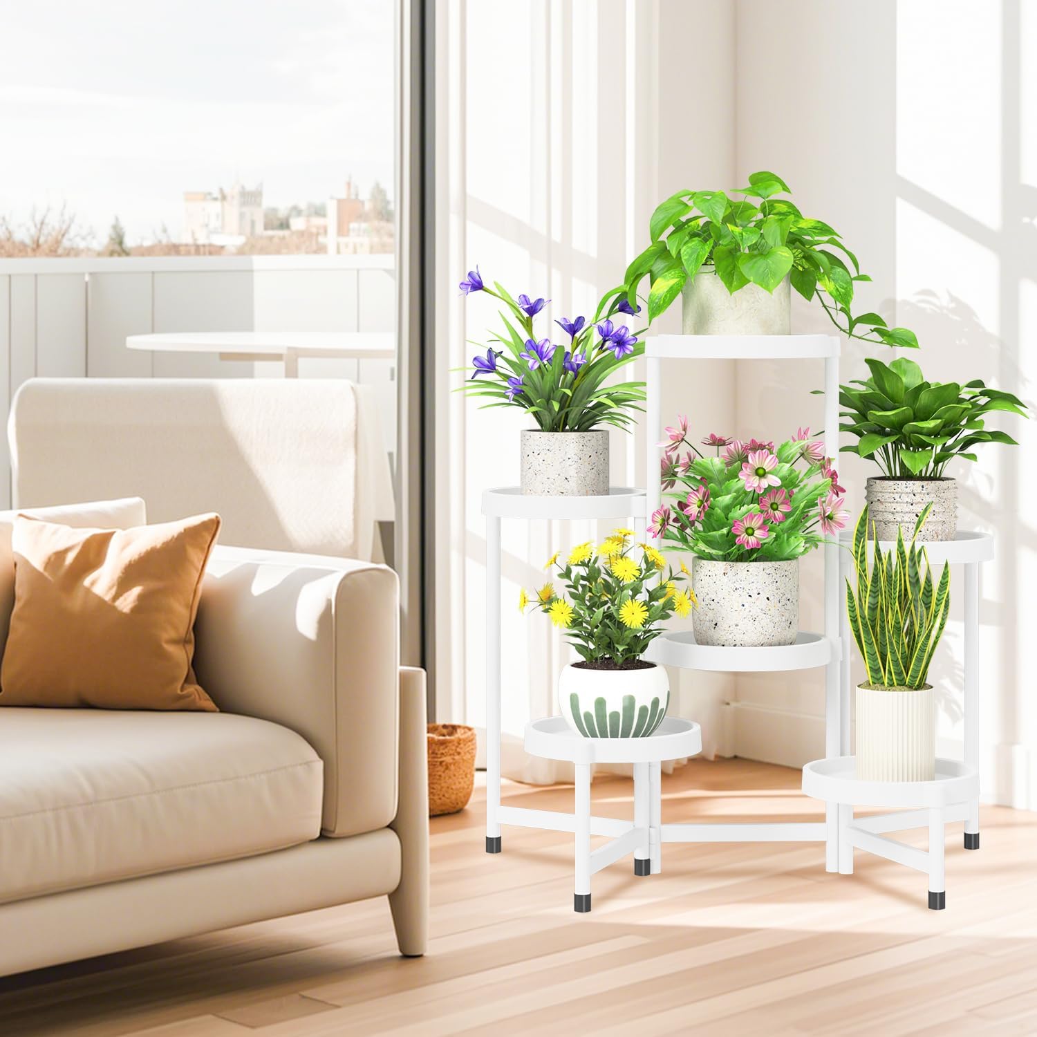 iDavosic.ly 6 Tier Folding Plant Stand Indoor Outdoor, Plastic Tray, White | Space Saving Tiered Corner Storage Display