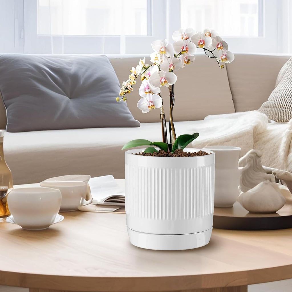 Vanavazon 6 Inch Glazed Ceramic Plant Pots with Drainage Hole and Saucer, Cylinder Indoor Planters for All House