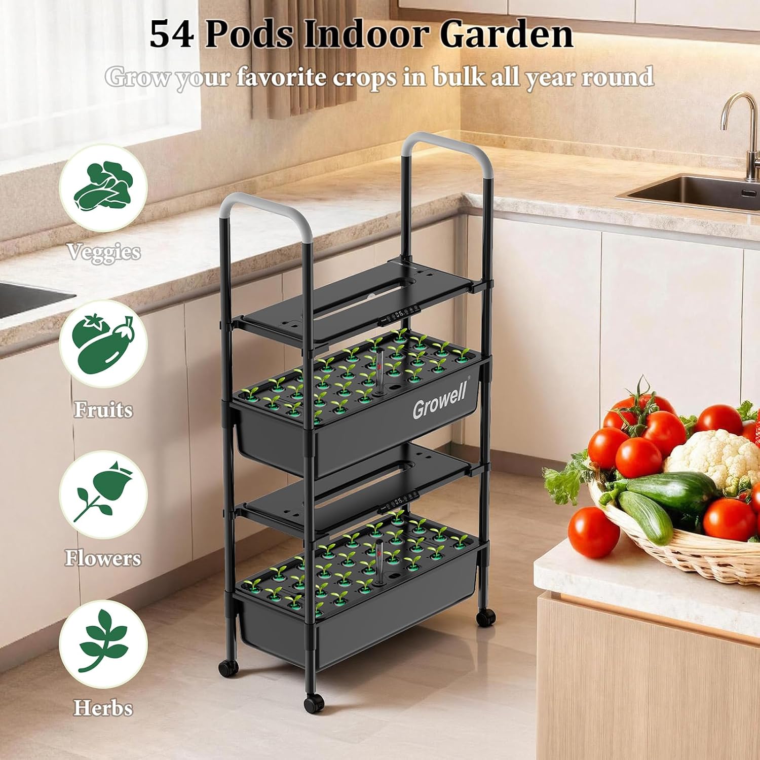 Growell Hydroponics Growing System Kit, 54 Pods Vertical Indoor Herb Garden with Smart LED Grow Light, Auto Circulating