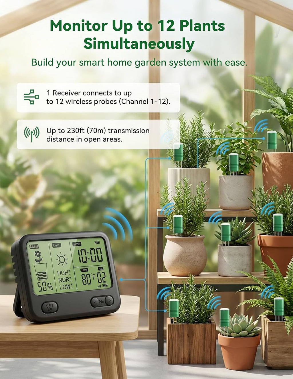 Nexuslab Wireless Soil Moisture Meter with LCD Receiver – 3‑Probe 3‑in‑1 Sensor (Moisture, Temperature, Light), 230 ft