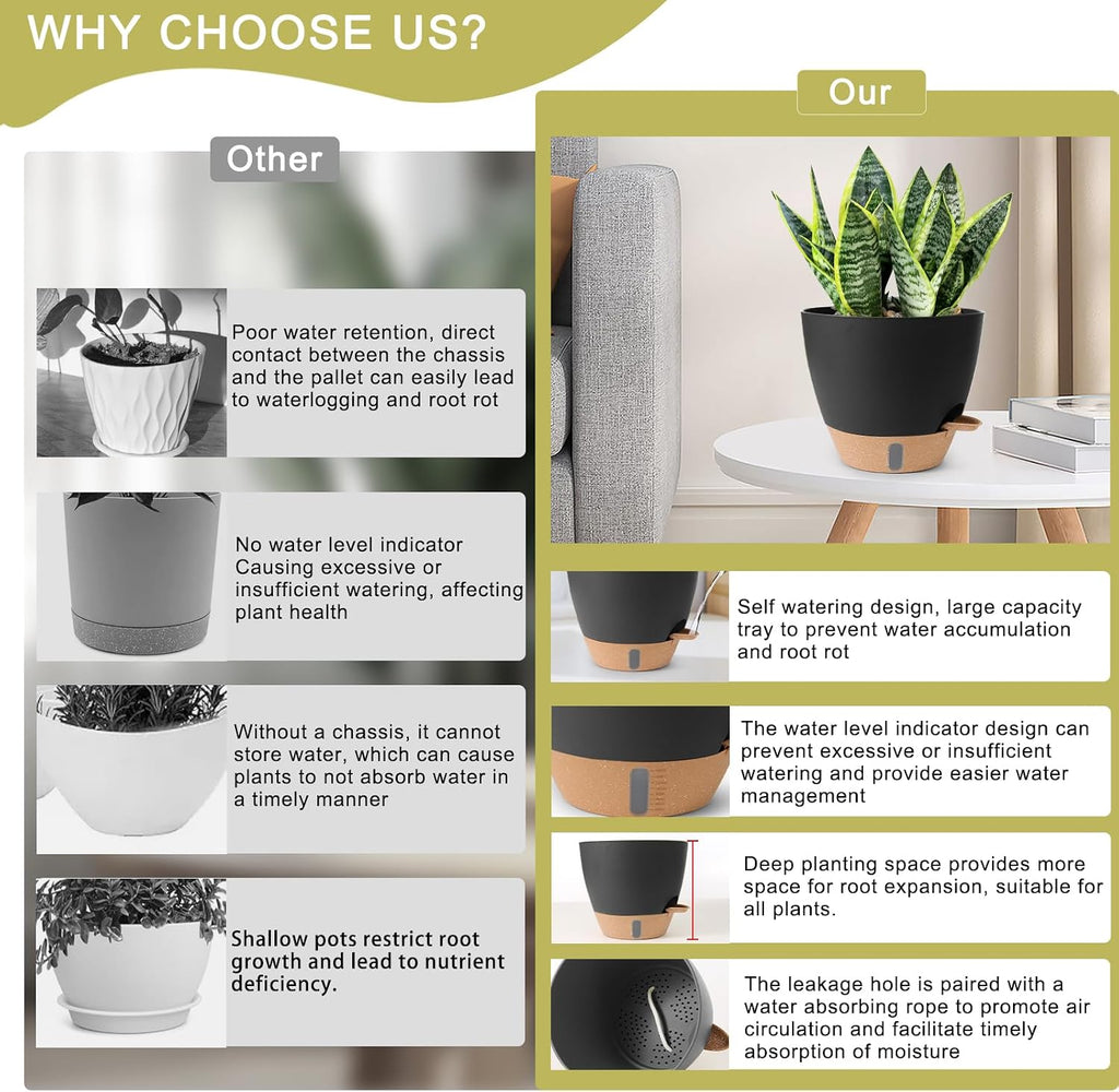 Self Watering Pots for Indoor Plants 12/10/9/8 Inch Plastic with Reservoir | Visible Water Level Indicator,Two Weeks