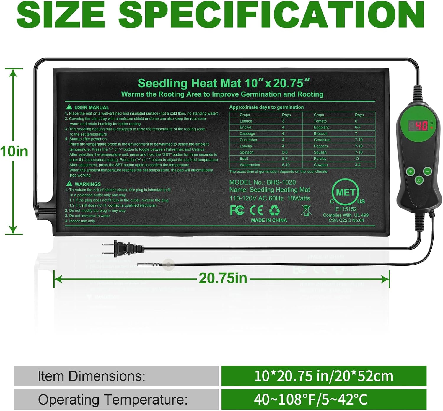 Seedling Heat Mat with Built-in Temperature Controller, 10" x 20.75" Waterproof Plant Heating Pad with Thermostat