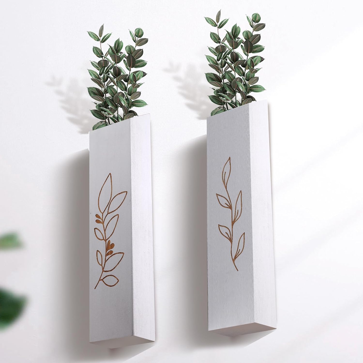 Wooden Wall Vase Planter Set of 4 | White Finish Farmhouse & Boho Wall Decor for Entryway, Hallway, Bathroom, Living
