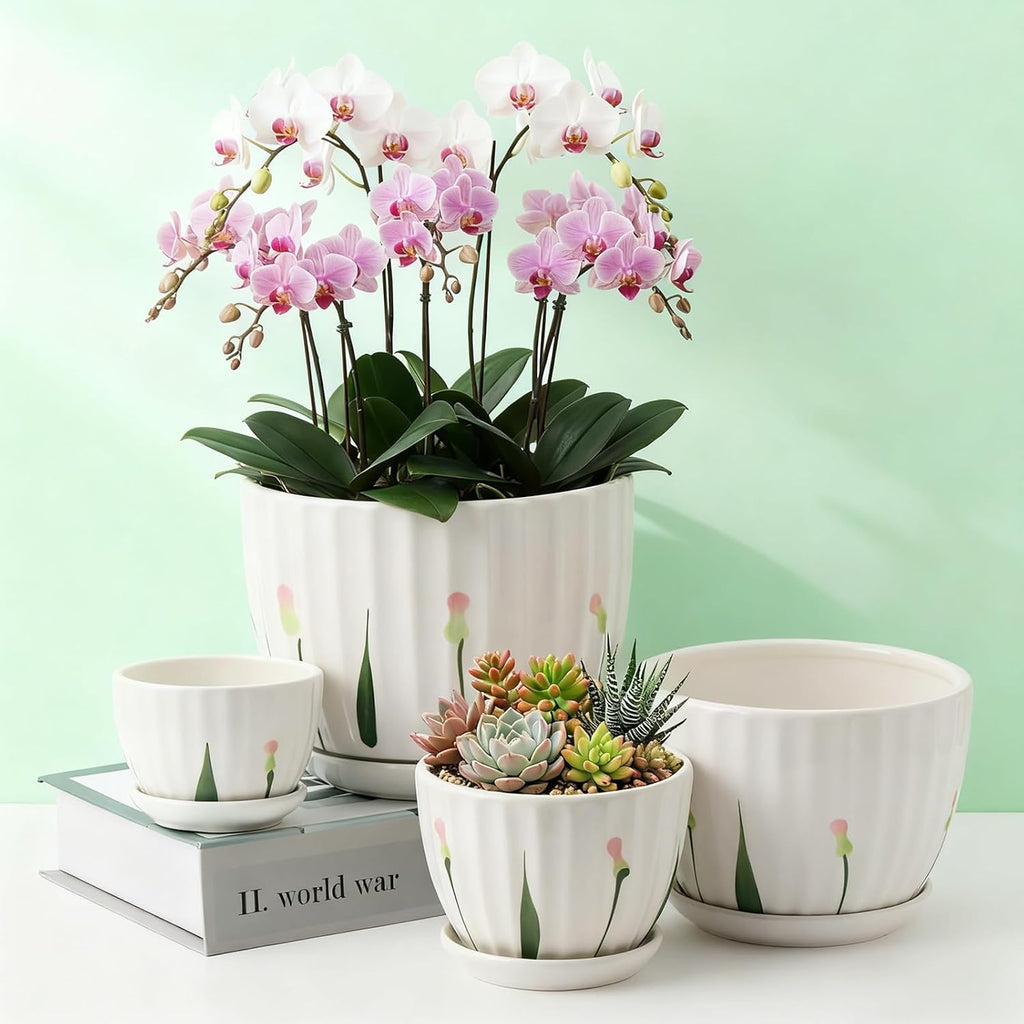 4 Pack Ceramic Orchid Pots with Drainage Holes and Tray 3.35+4.33+5.51+6.61 Inch Ceramic Plant Pot White Garden Planter