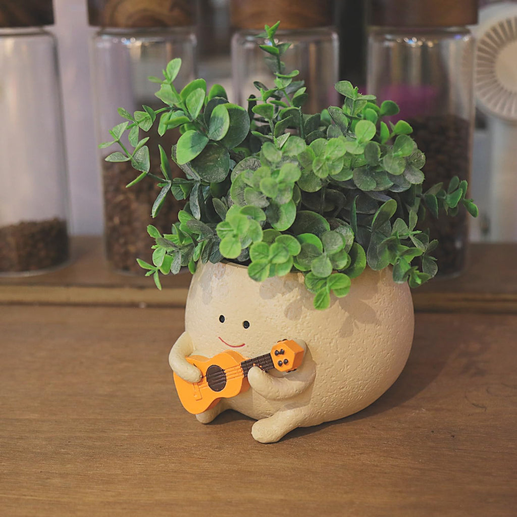 Smily Face Planter Pot with Drainage Hole Cute Resin Head Planters for String of Pearls Plant Live Unique Guitar