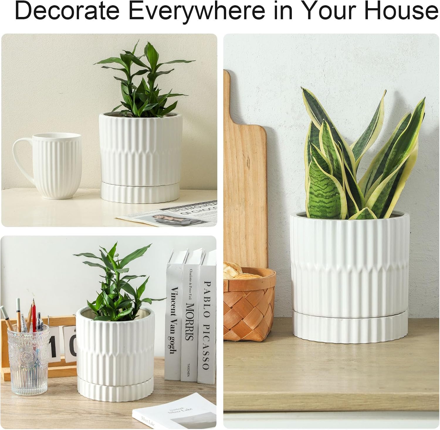 HASENSE Plant Pots - 8+6+4.6 Inch White Vertical Textured Ceramic Planters Set of 3 with Drainage Hole, Decorative