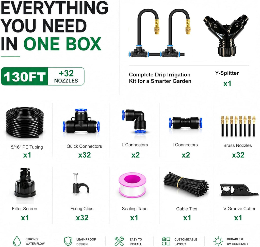 5/16" Drip Irrigation System 130 ft with 32-Pcs 360° Adjustable Copper Nozzles, Automatic Misting Watering System for