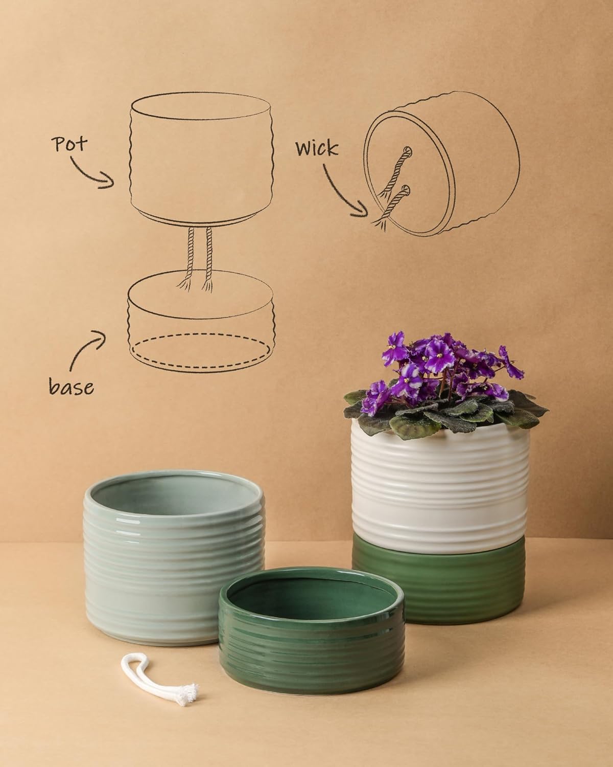 Fayoula Self Watering Pots for Indoor Plants, 6 Inch Ceramic Self Watering Plant Pot, Planter Pot with Wick Rope and