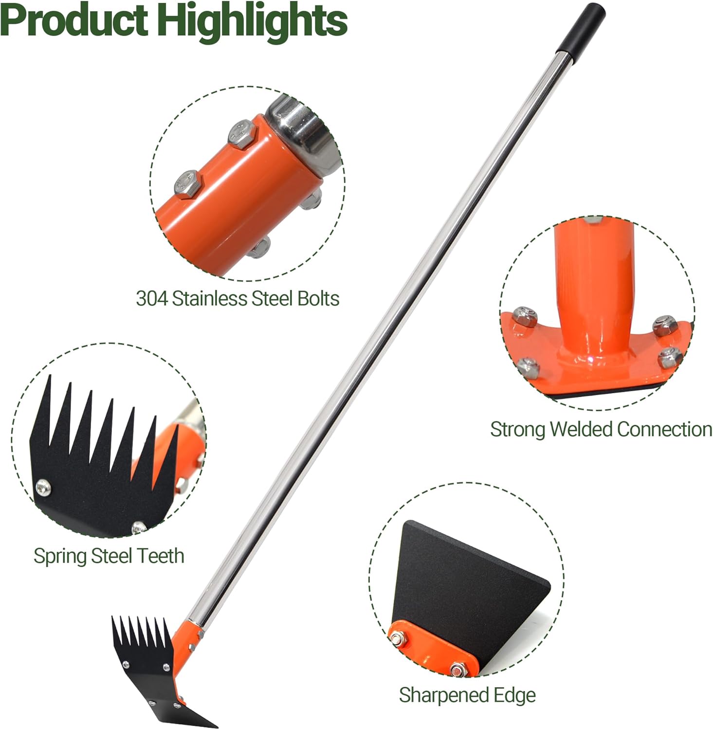 59 Inch One-Piece Handle 2-in-1 Garden Hoe and Weed Puller Tool | Weeding Tool Weed Rake Heavy Duty Spring Steel Head