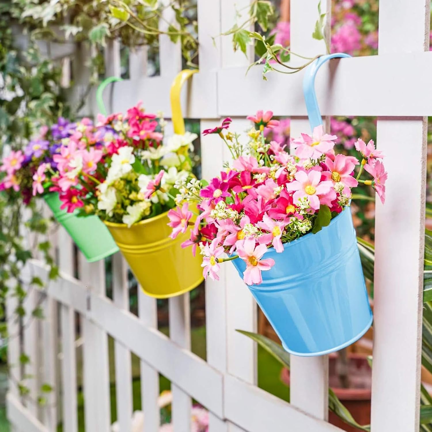 KINGLAKE Flower Pots,10 Pcs Metal Iron Hanging Flower Plant Pot Balcony Garden Plant Planter Baskets Fence Bucket Pots