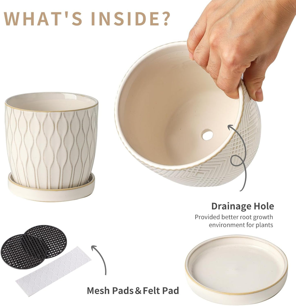 Nihow Ceramic Plant Pots with Drainage Hole & Saucer, 4.75 Inch, White-3 | Small,Embossed Design, For Succulent
